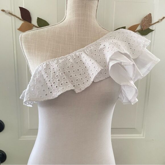 Zara One Shoulder Ruffle Bodysuit Stretch One Piece Top White (Size S) - Picture 5 of 11